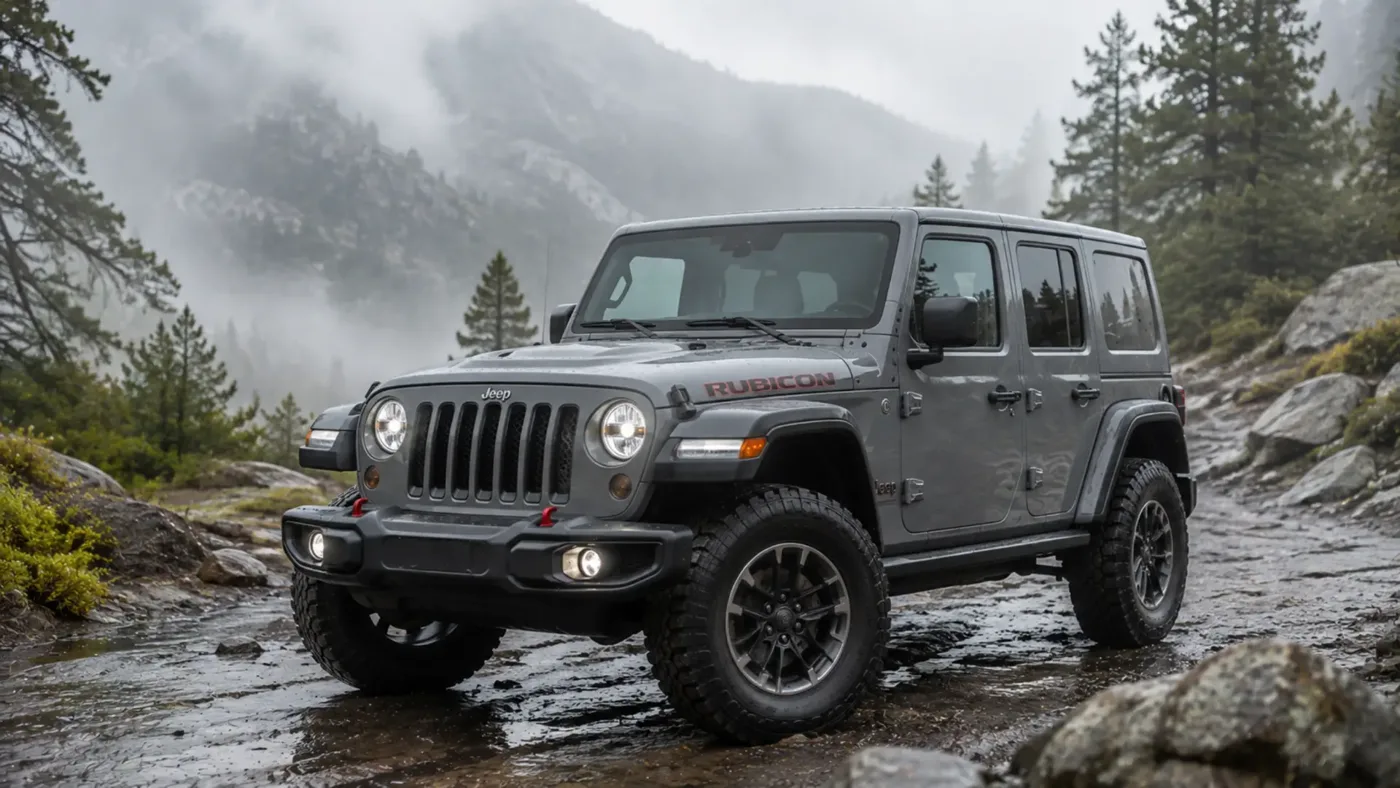 Gray Jeep Wrangler Rubicon on a wet mountain trail in misty weather