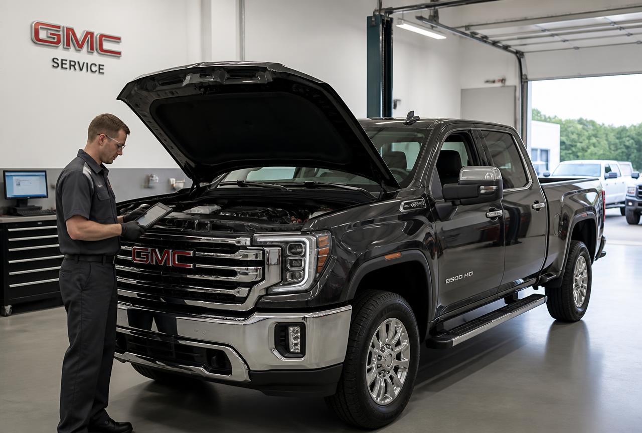 GMC pickup truck undergoing service in a dealership repair bay while a technician inspects the engine