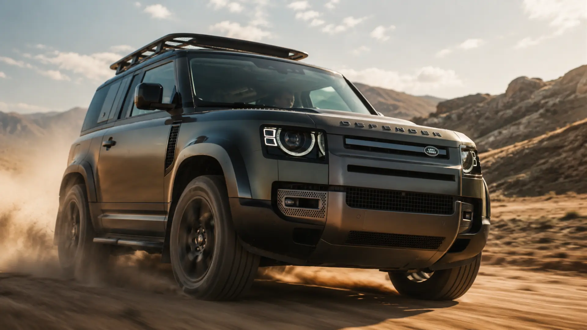 Land Rover Defender driving on a desert trail