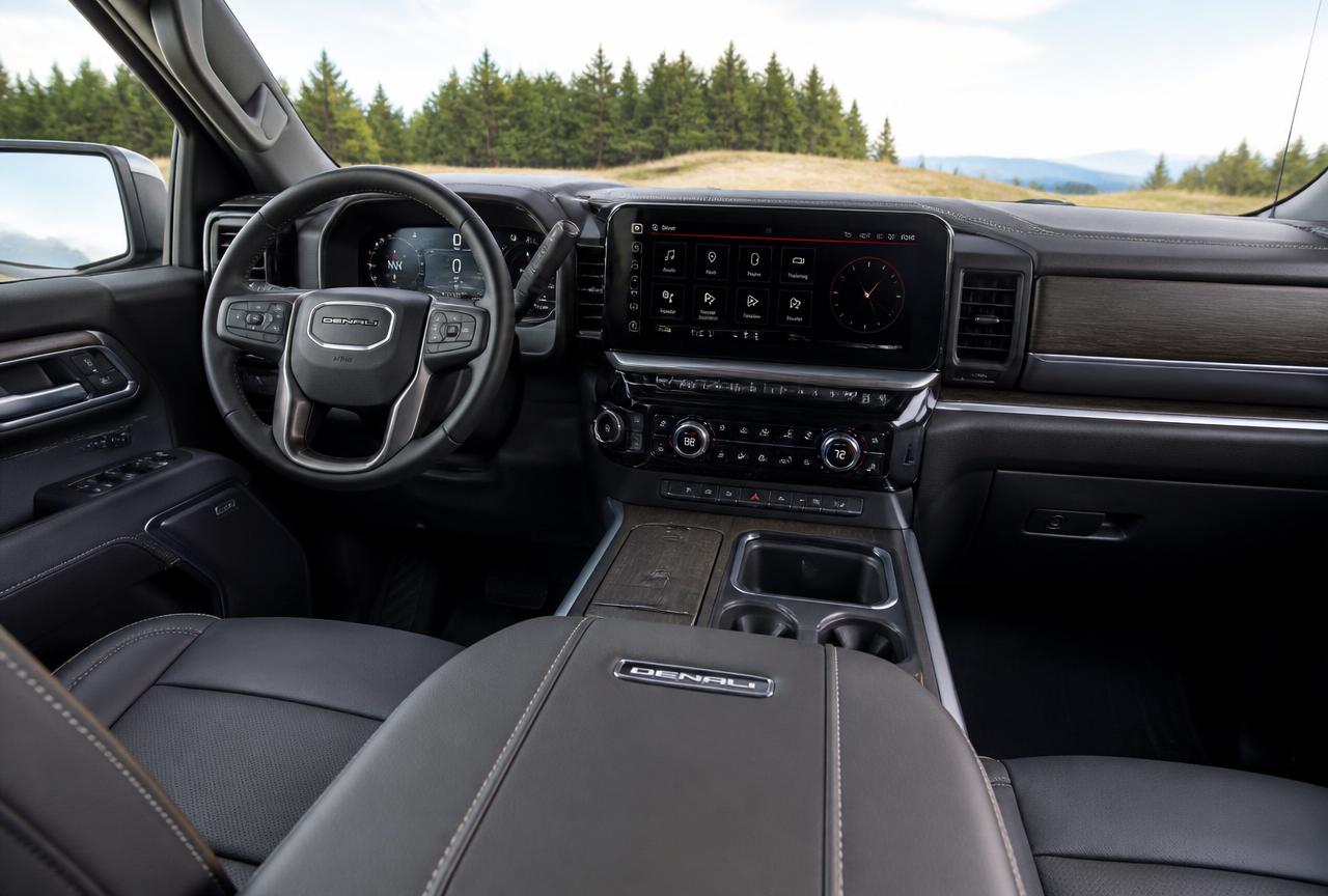 Interior of a GMC Denali truck cabin showing the leather seats, digital gauge cluster and infotainment touchscreen