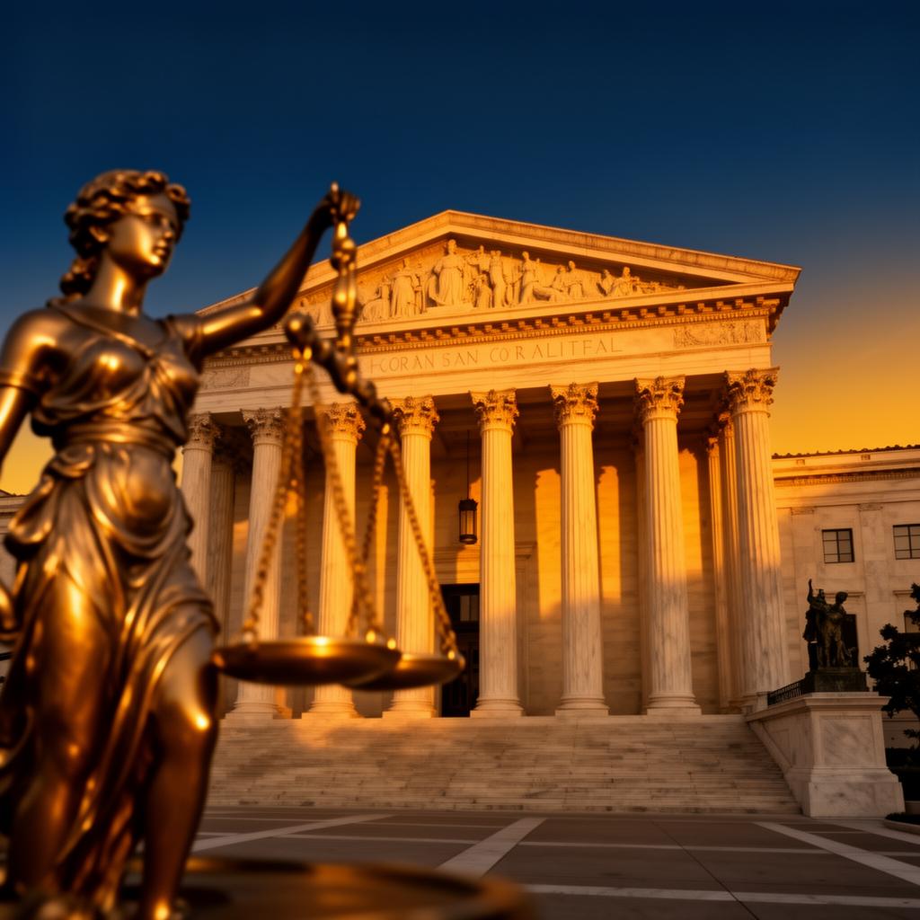 California courthouse with scales of justice