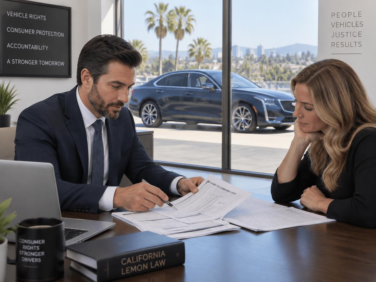 Abogado de Ley Limón de California revisando registros de reparación de Cadillac con el propietario