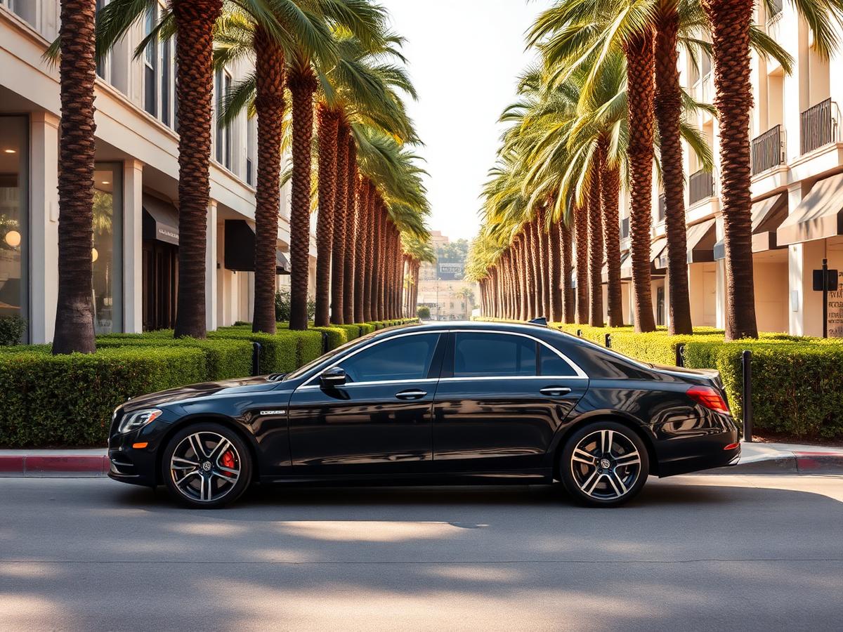 Black luxury sedan parked on a palm-lined street of upscale storefronts in Beverly Hills, California