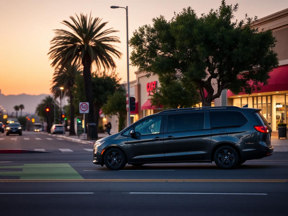 Dark minivan at a California boulevard intersection at dusk in Garden Grove, California
