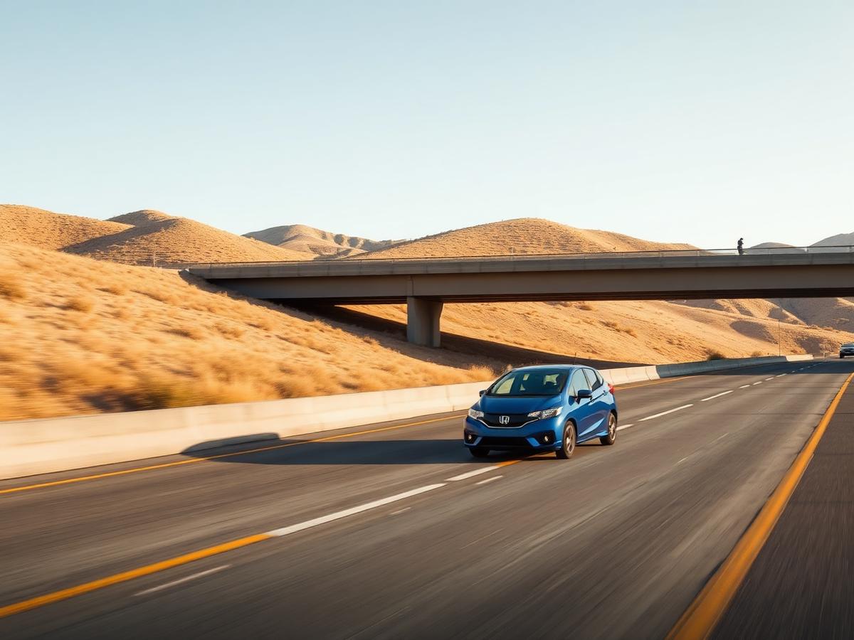 Blue compact SUV merging onto a California freeway beside golden hills in San Bernardino, California