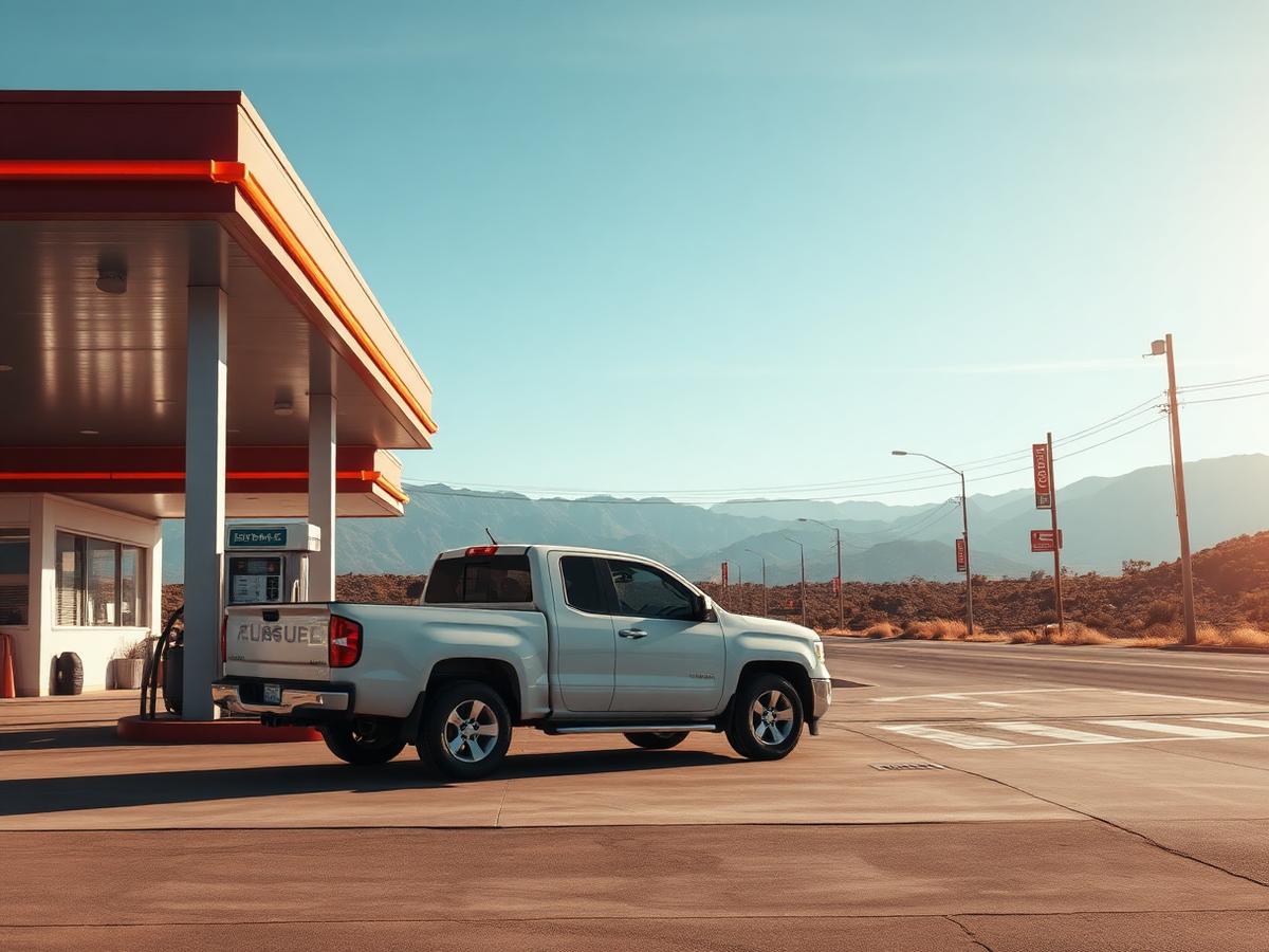 White pickup truck at a California gas station with mountains in the distance in Orange County, California