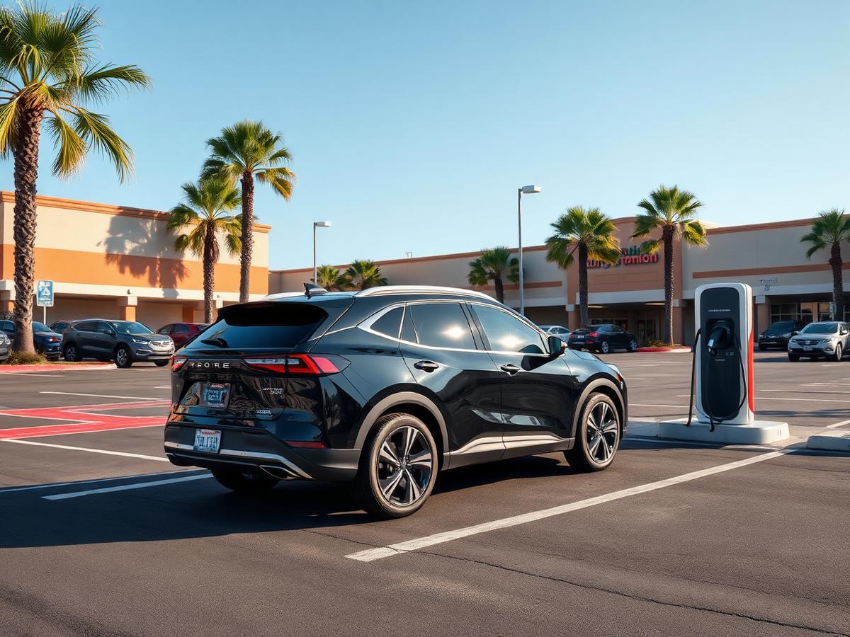 Black electric crossover at a charging station in a California shopping center lot in Murrieta, California