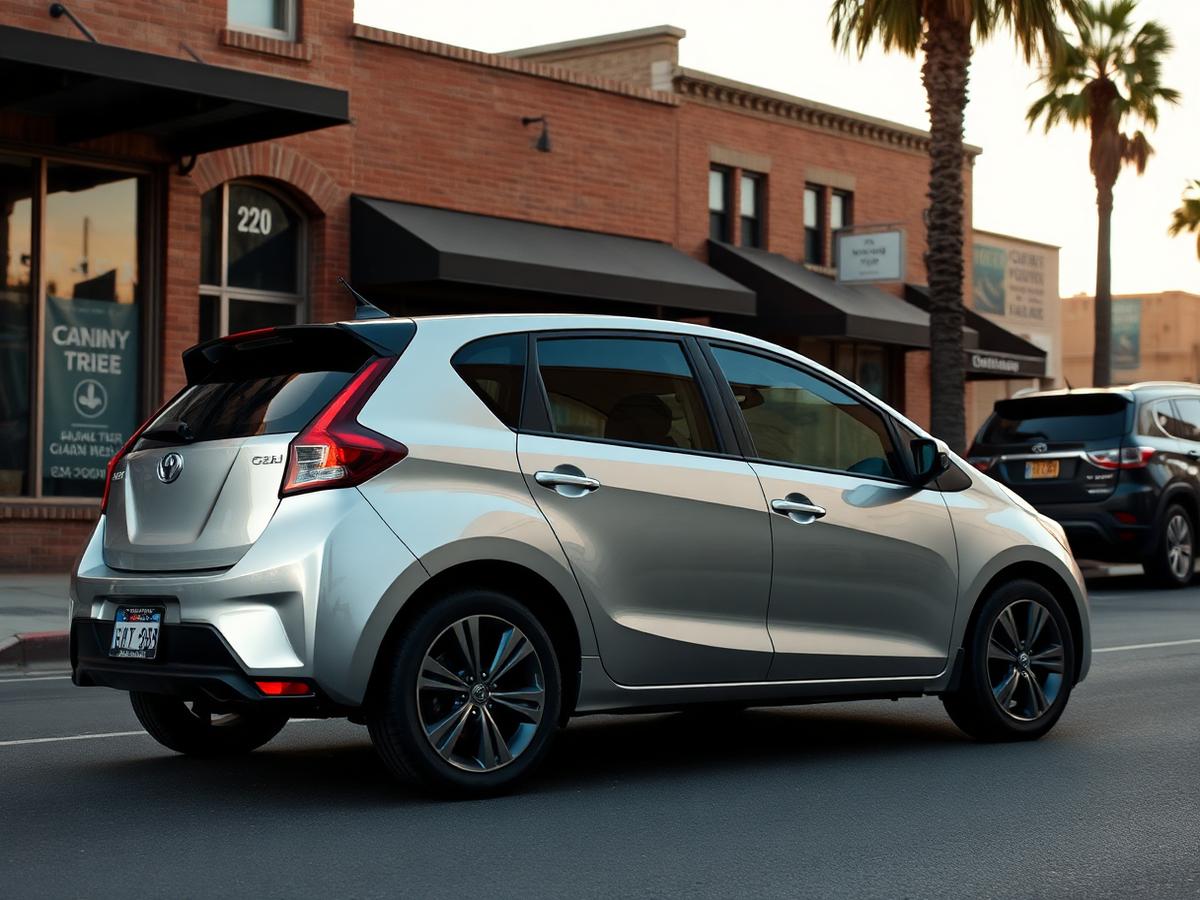 Silver hatchback parked on a California downtown main street with brick storefronts in Anaheim, California