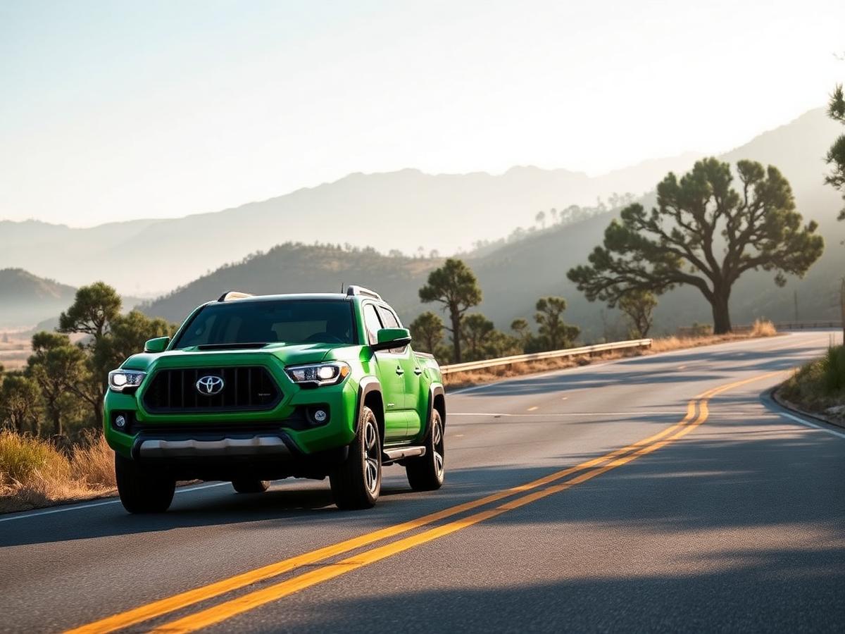 Green pickup truck on a winding California foothill highway in Bakersfield, California