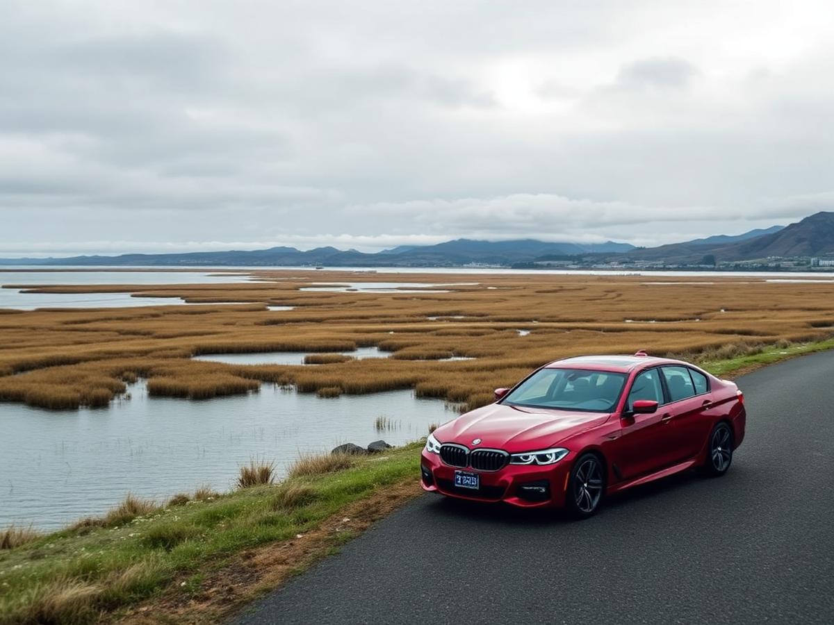 Red sedan on a Northern California bayside road under an overcast sky in Santa Ana, California