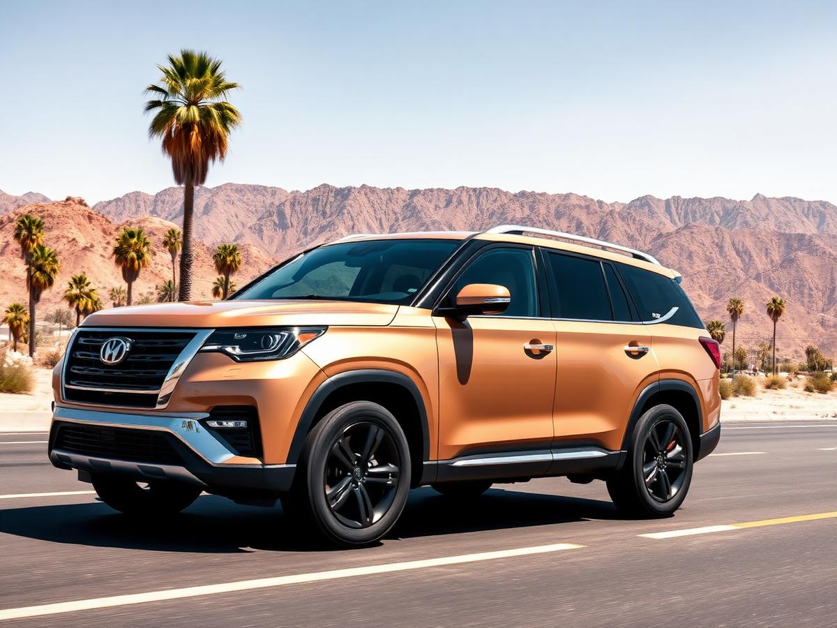 Tan SUV on a wide Inland Empire boulevard with dusty palms and brown mountains in Berkeley, California