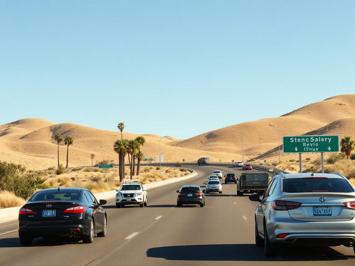 Cars traveling a California freeway past golden hills and palm trees