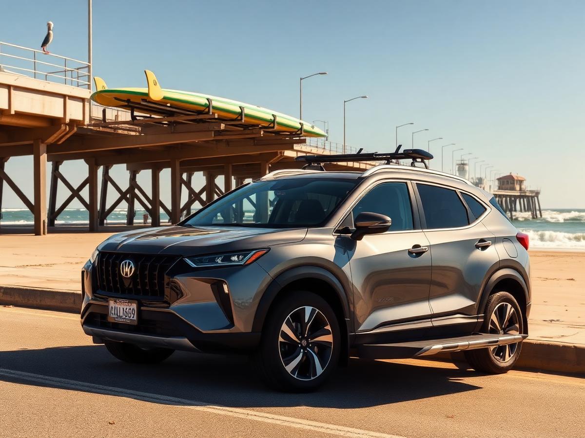 Grey crossover with surfboards on the roof parked beside the beach pier in Huntington Beach, California