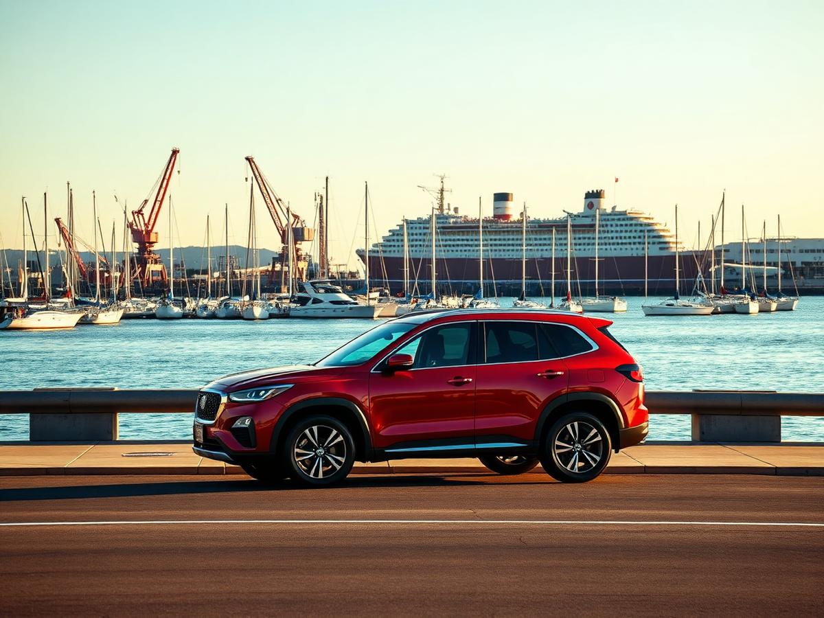 Red SUV parked at the waterfront with harbor cranes, sailboats and the Queen Mary in Long Beach, California