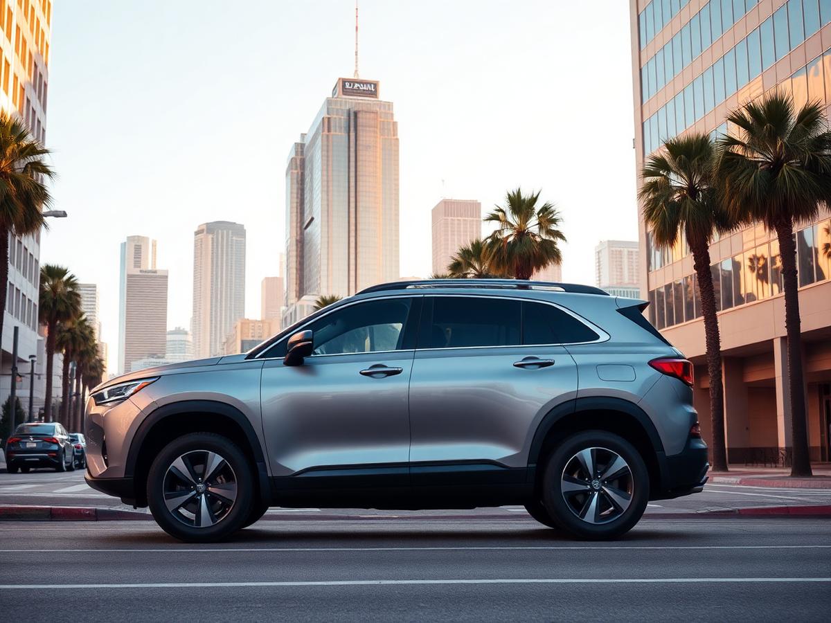 SUV on a downtown street with the Los Angeles skyline and palm trees behind in Los Angeles, California