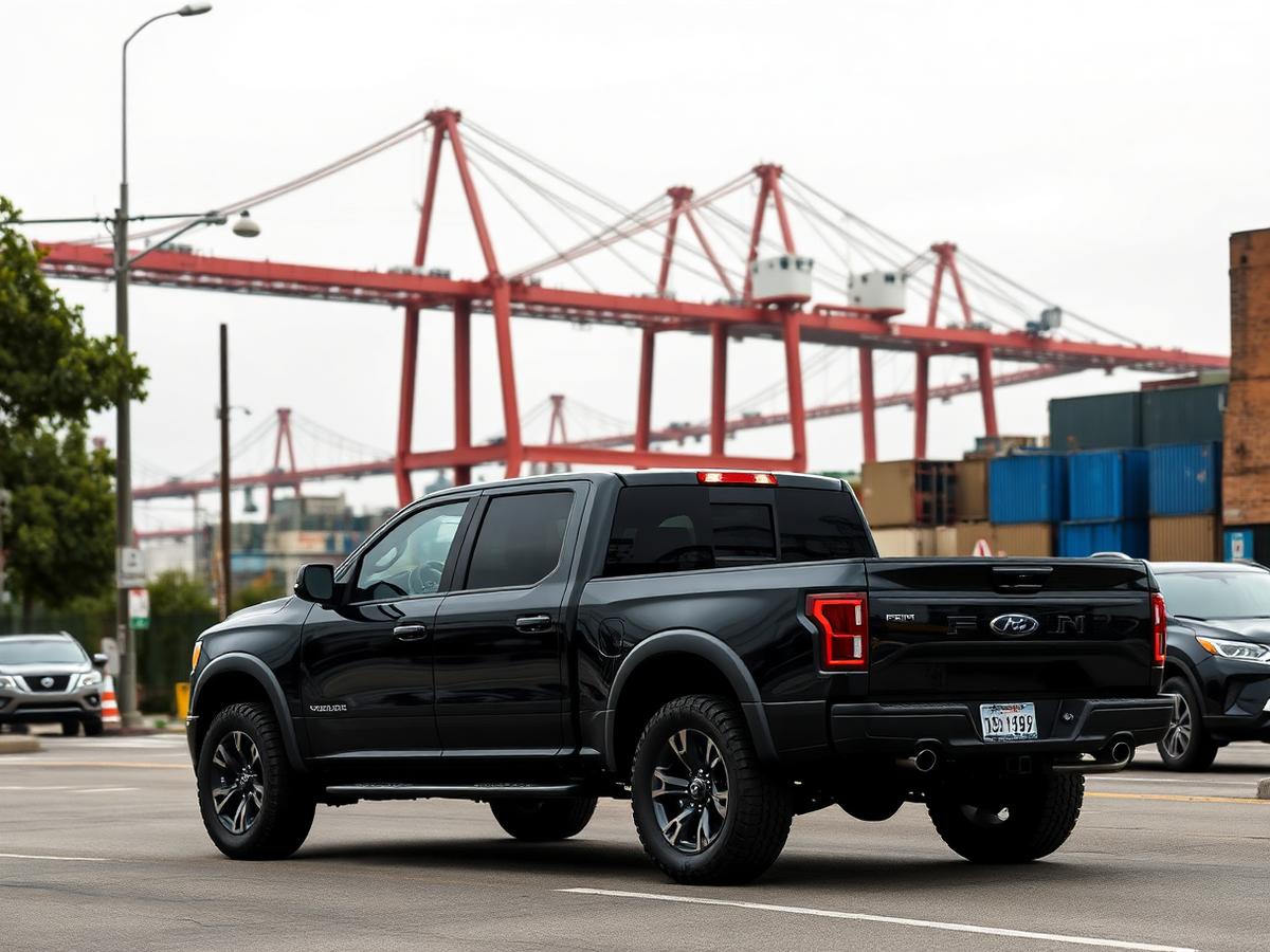 Black pickup truck on a street with the Port of Oakland shipping cranes behind in Oakland, California
