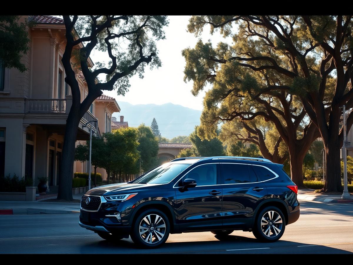 Dark blue SUV on a shaded street with Craftsman homes and the San Gabriel Mountains in Pasadena, California