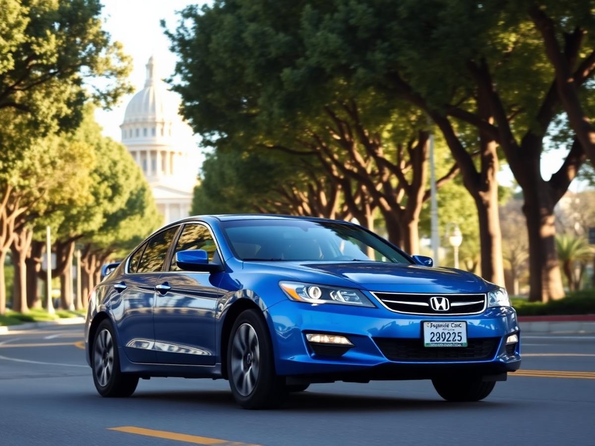 Blue sedan on a tree-lined boulevard near the California State Capitol dome in Sacramento, California