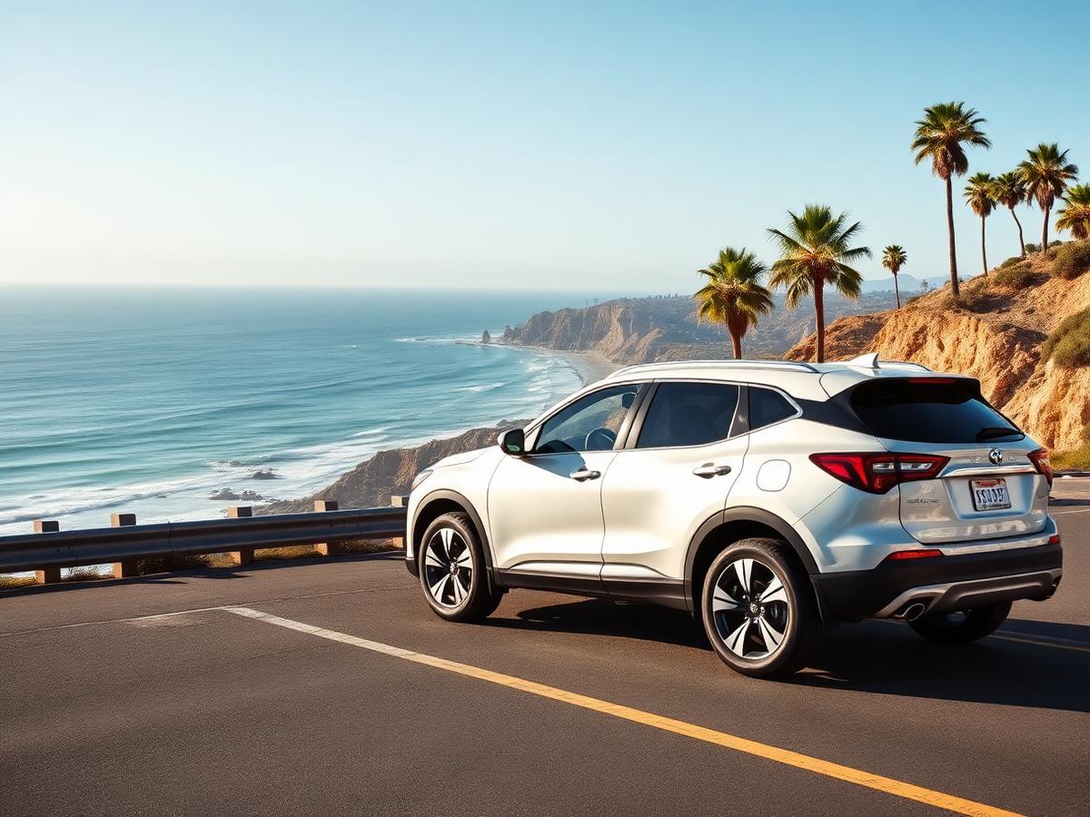 White SUV parked on a coastal road above the Pacific Ocean in San Diego, California