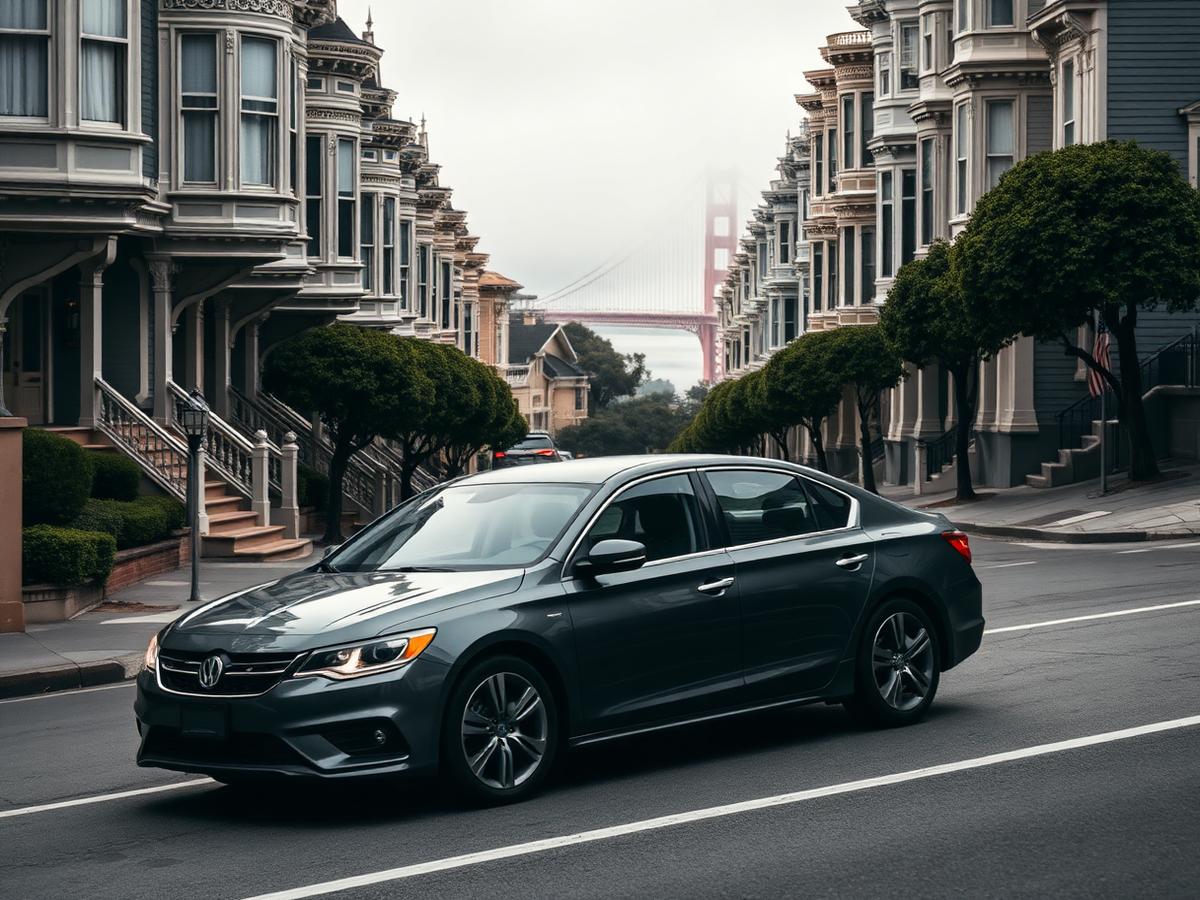 Sedan on a steep street lined with Victorian homes, the Golden Gate Bridge in the mist in San Francisco, California