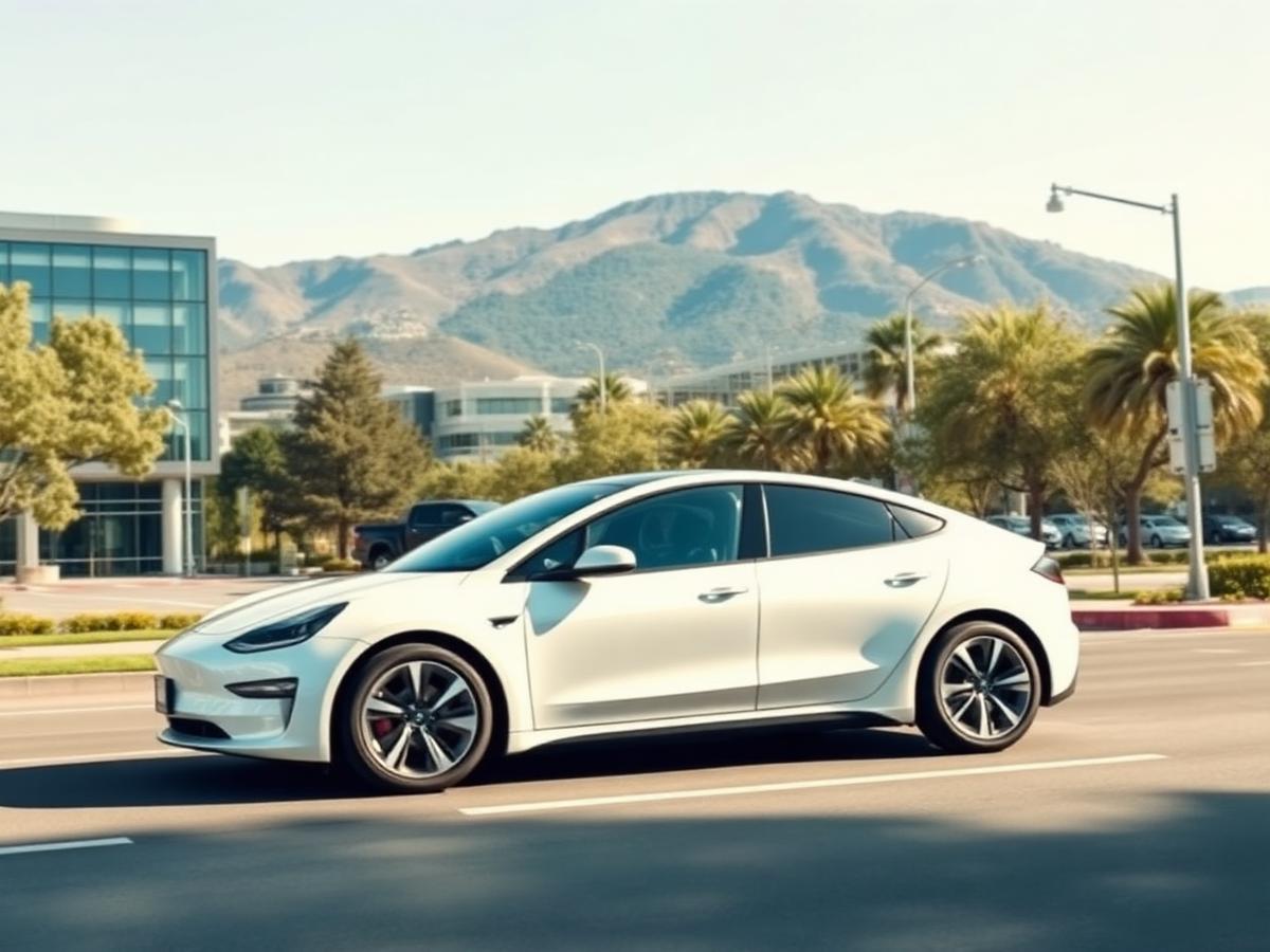 White electric car on a Silicon Valley street with tech campuses and foothills in San Jose, California