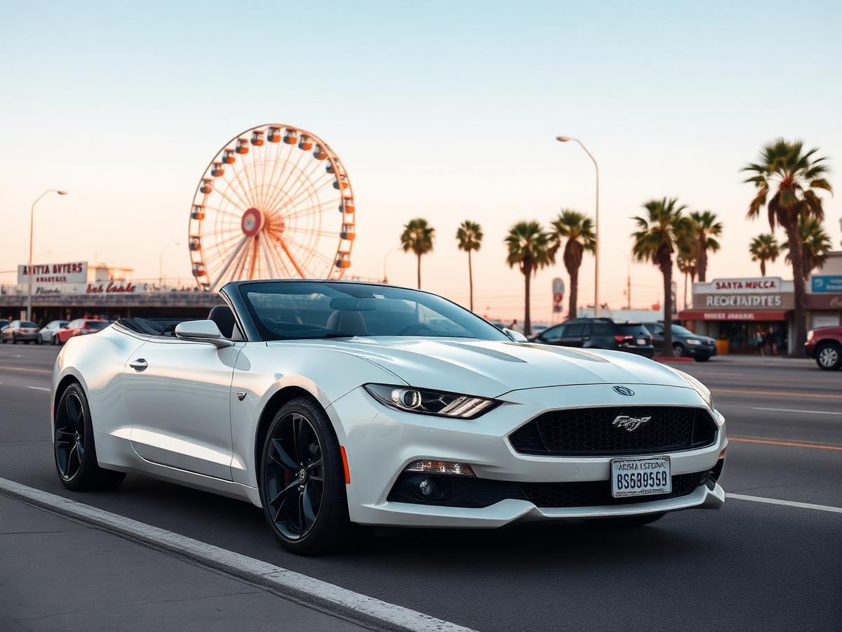 White convertible on Ocean Avenue with the pier ferris wheel and palm trees at sunset in Santa Monica, California
