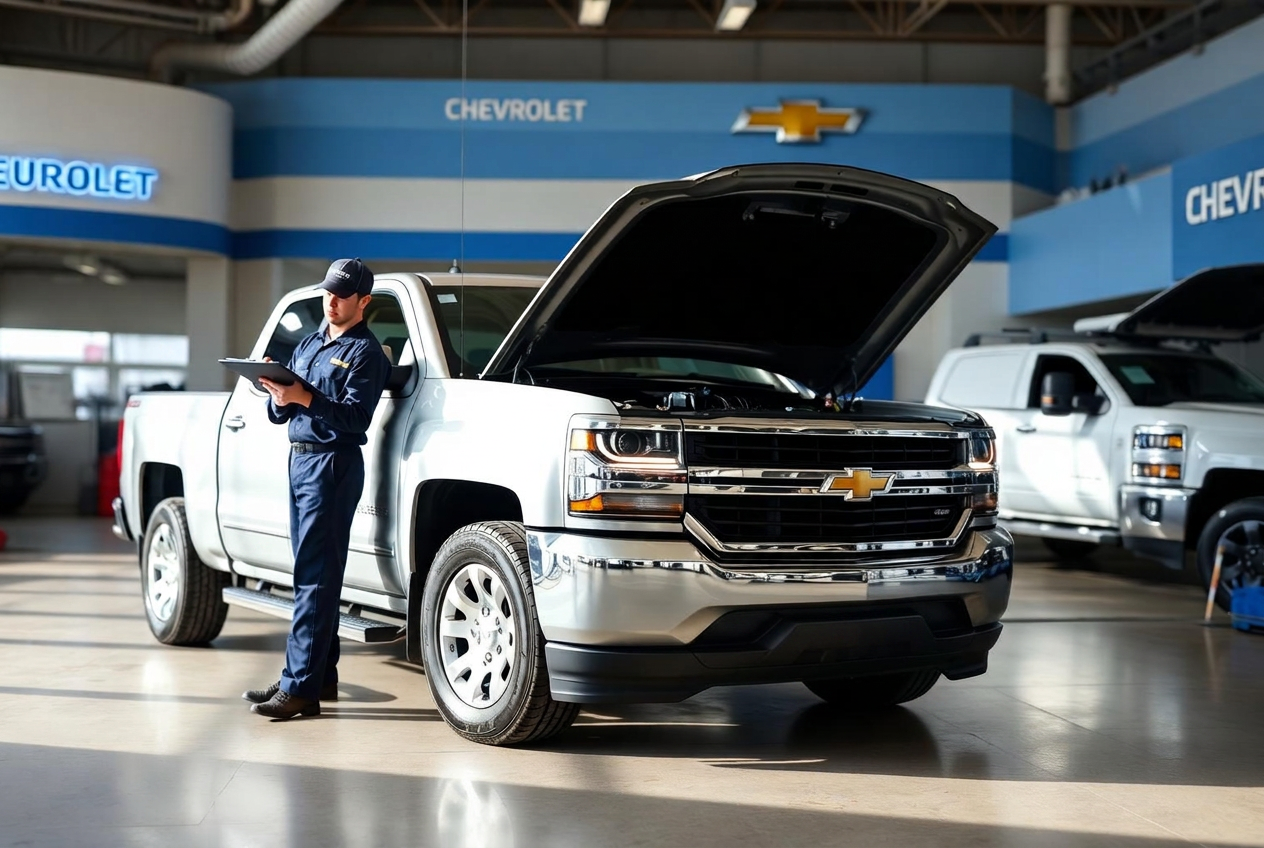 Chevrolet Silverado lemon law inspection at a California Chevrolet dealership service bay
