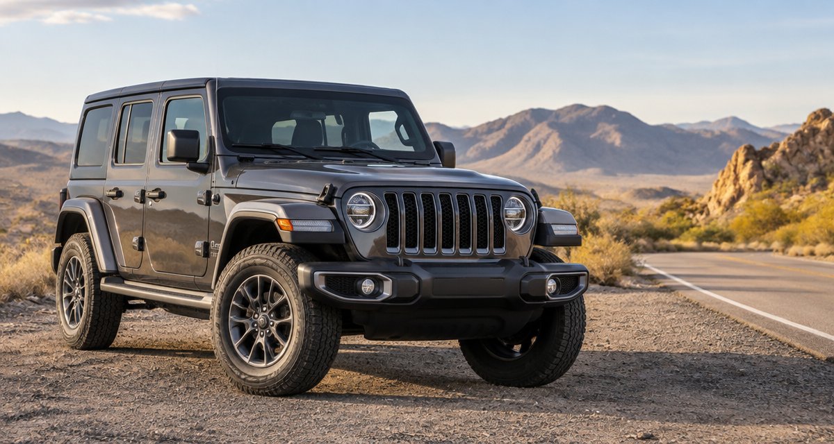 Jeep Wrangler parked on a California desert roadside with no visible license plate