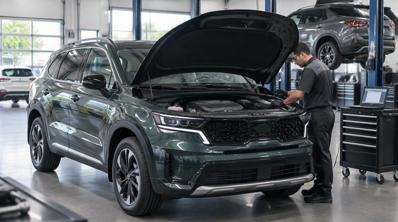 Kia SUV undergoing an engine inspection at a dealership service center for a recall repair