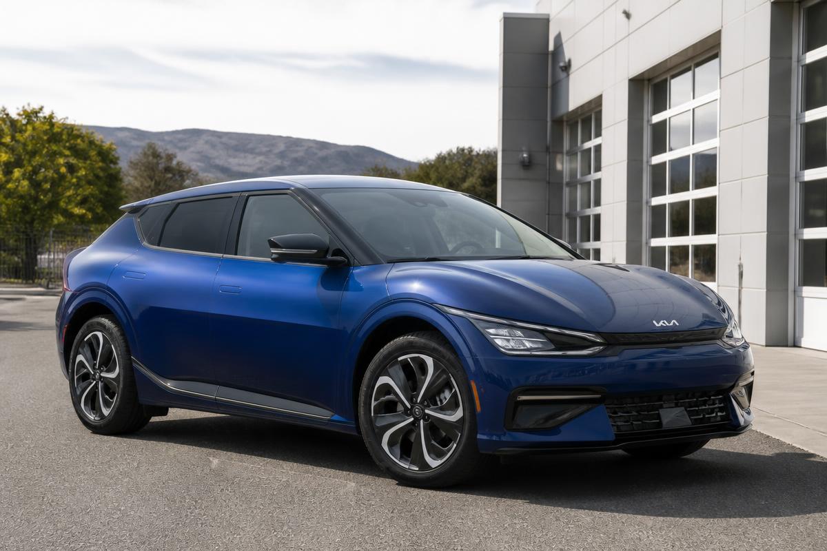 Blue Kia EV6 electric crossover without a visible license plate
