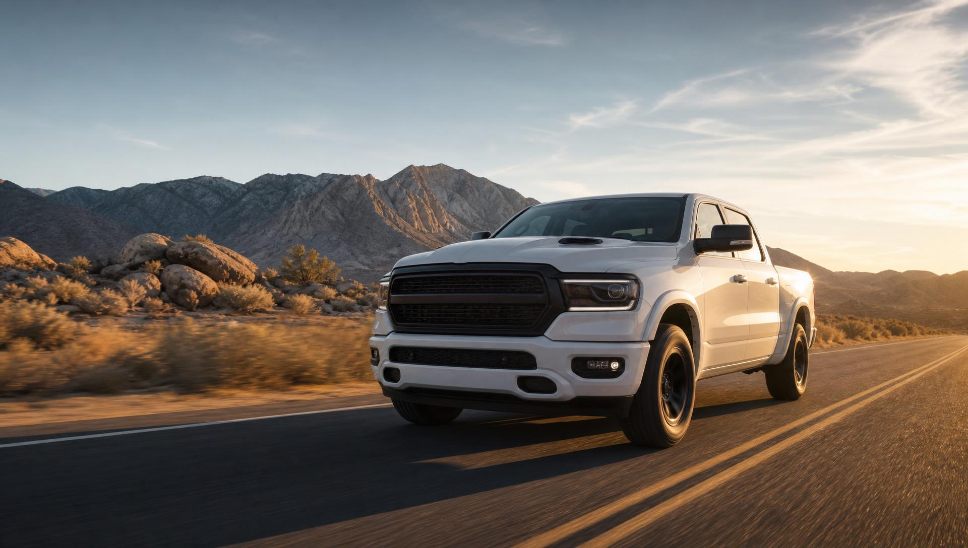 White RAM 1500 truck on a California highway