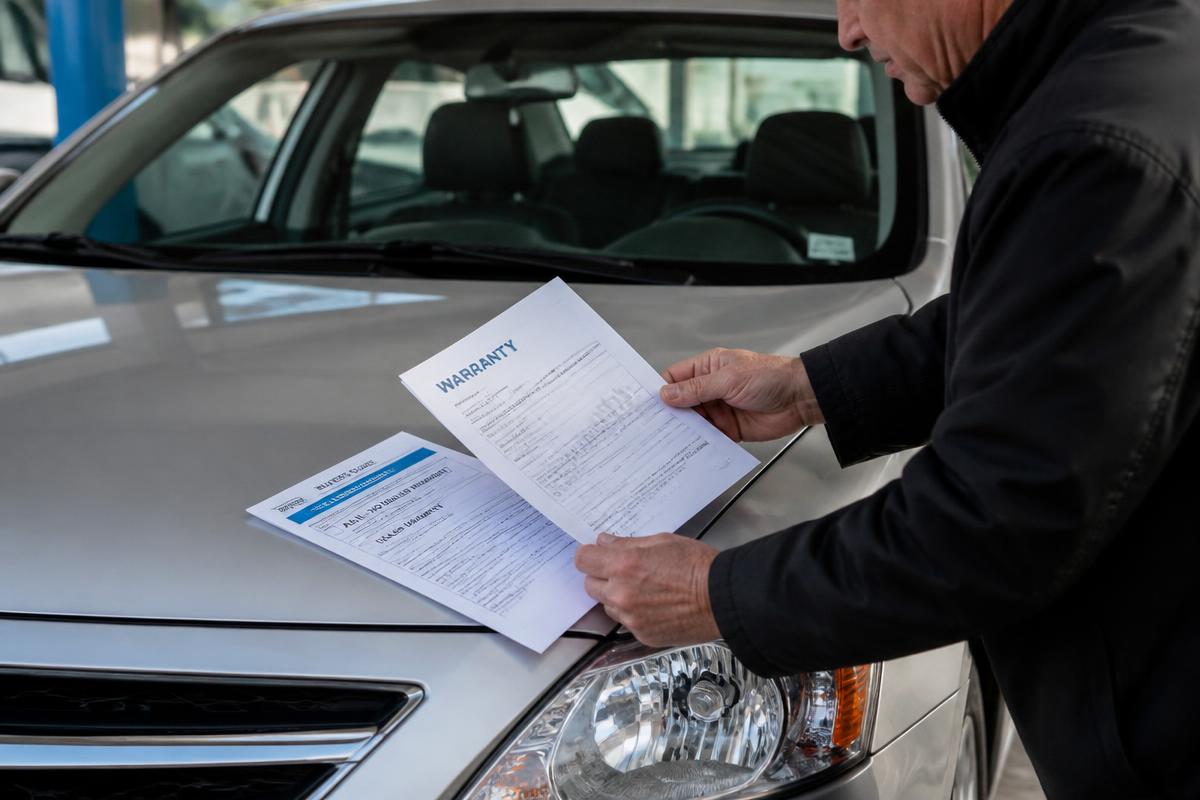 Used car buyer reviewing warranty paperwork on the hood of a used sedan in California
