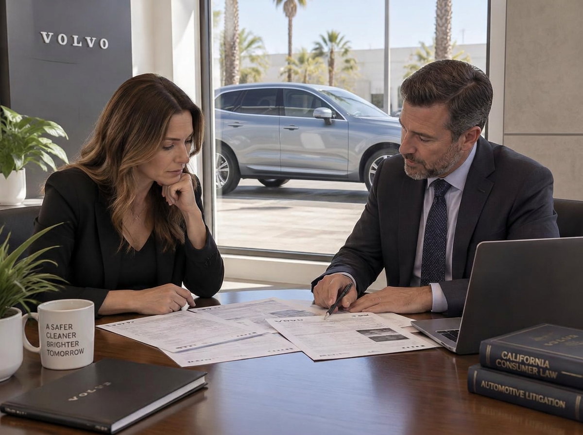 Propietario de Volvo revisando registros de reparación del concesionario para un reclamo de Ley Limón en California